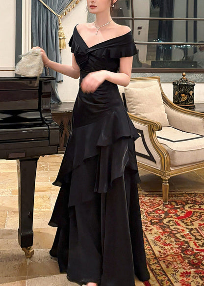 Style Black Slash Neck Ruffled Maxi Fish-Tail Dresses Summer