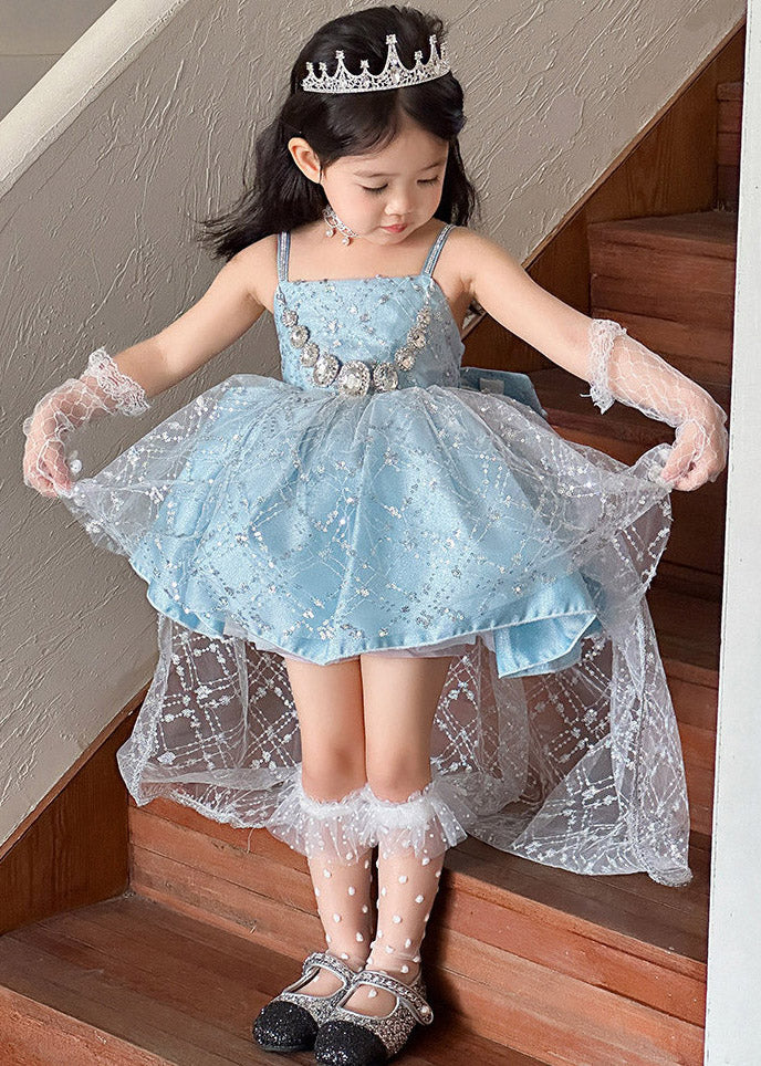 Style Blue Patchwork Square Tulle Kids Mid Sundress Sleeveless