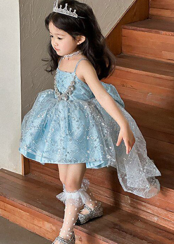 Style Blue Patchwork Square Tulle Kids Mid Sundress Sleeveless