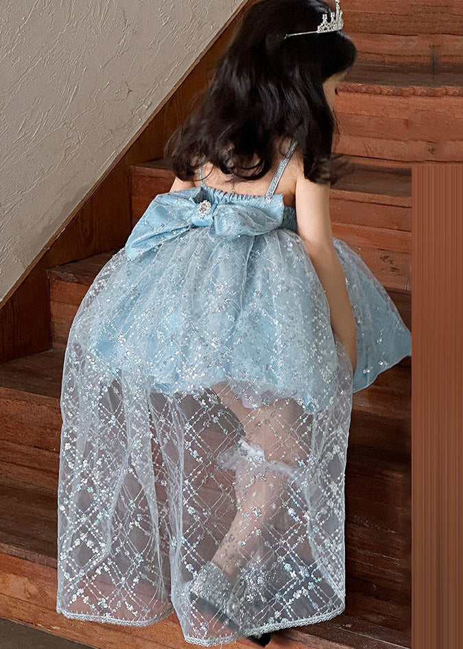 Style Blue Patchwork Square Tulle Kids Mid Sundress Sleeveless