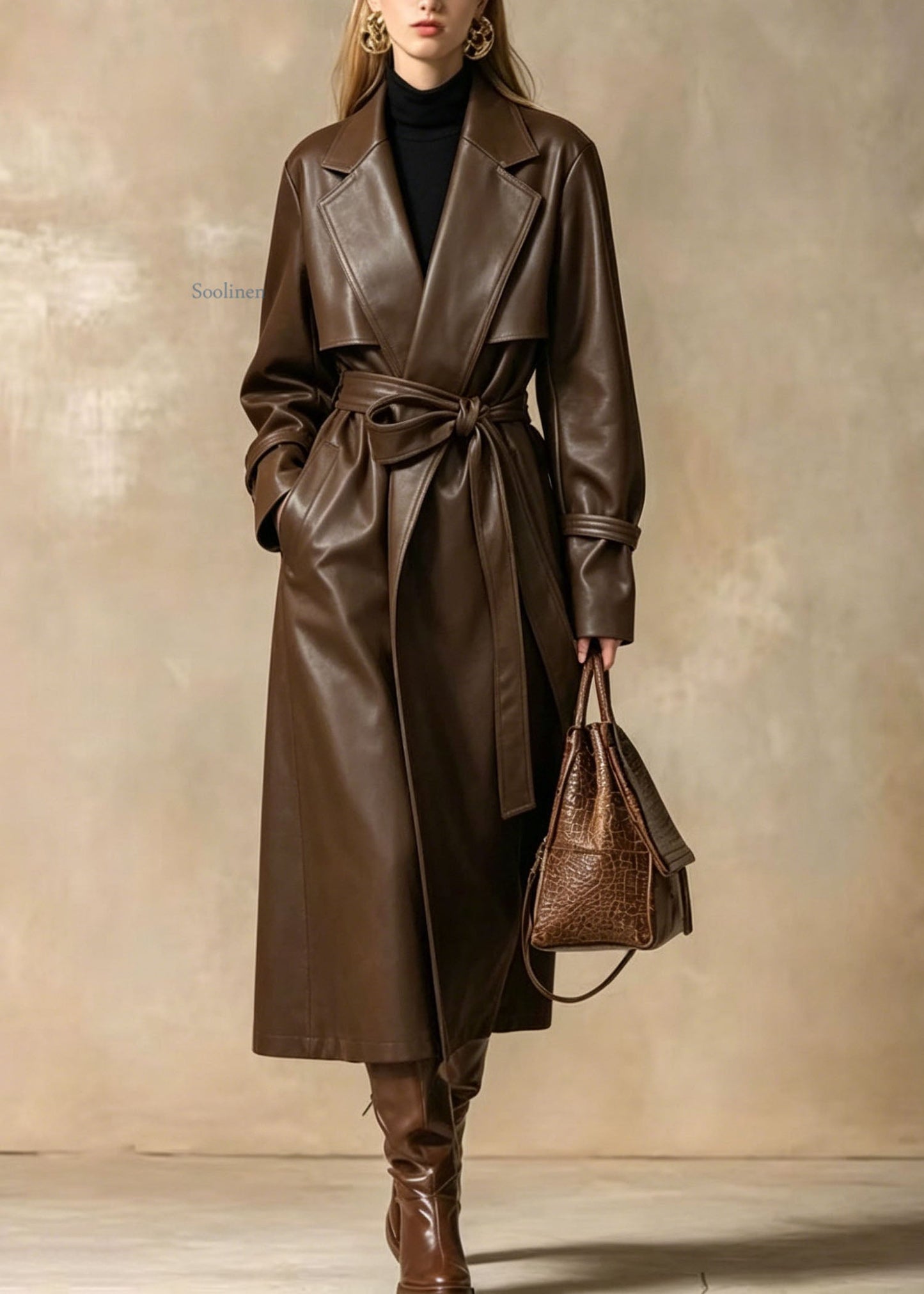 Style Brown Peter Pan Collar Pockets Lace Up Faux Leather Trench Fall