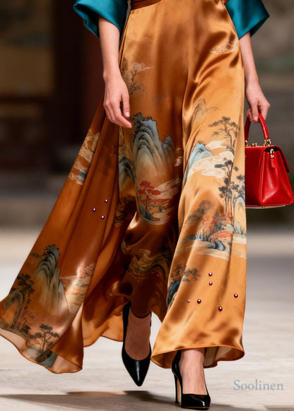 Style Brown Print Nail Bead Draping Silk Long Dress Summer