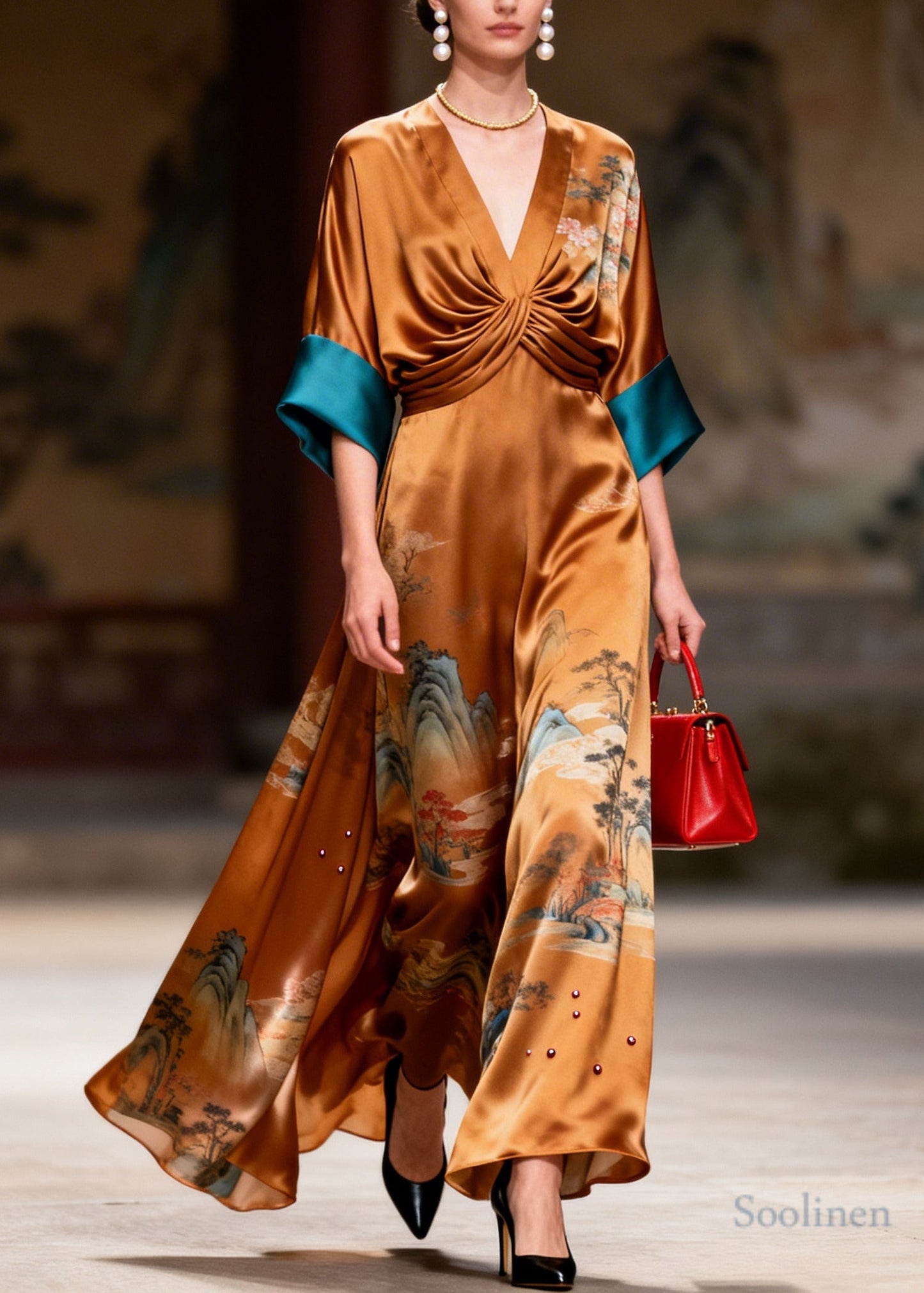 Style Brown Print Nail Bead Draping Silk Long Dress Summer