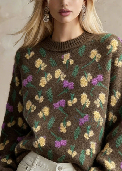 Style Chocolate O-Neck Oversized Thick Jacquard Knit Sweaters Winter