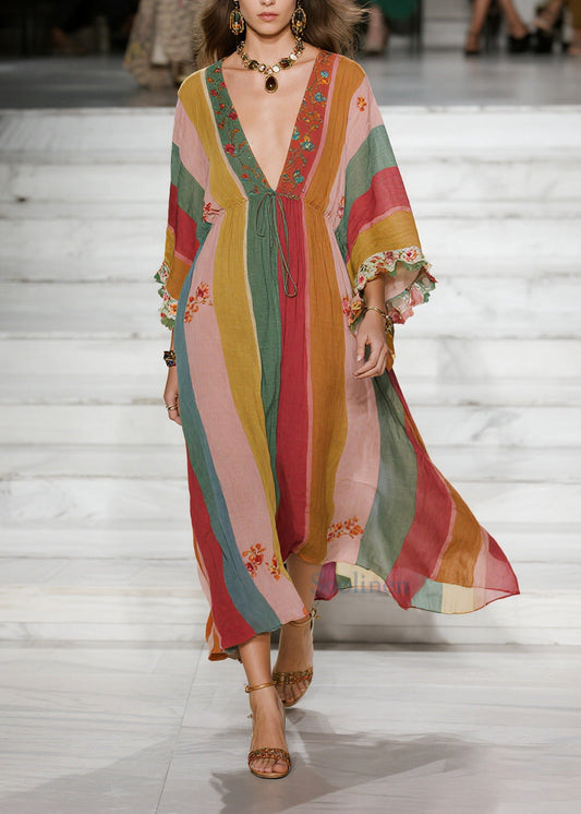 Style Colorblock Deep-V Neck Striped Cotton Holiday Dresses Spring