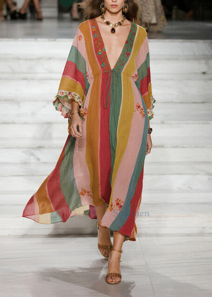 Style Colorblock Deep-V Neck Striped Cotton Holiday Dresses Spring
