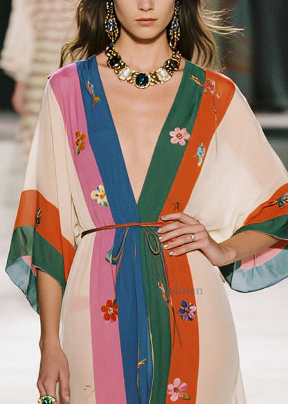 Style Colorblock Floral Print Draping Chiffon Robe Dresses Summer