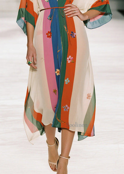 Style Colorblock Floral Print Draping Chiffon Robe Dresses Summer