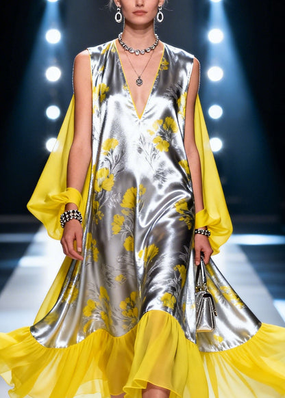 Style Colorblock V Neck Patchwork Chiffon Dress Summer