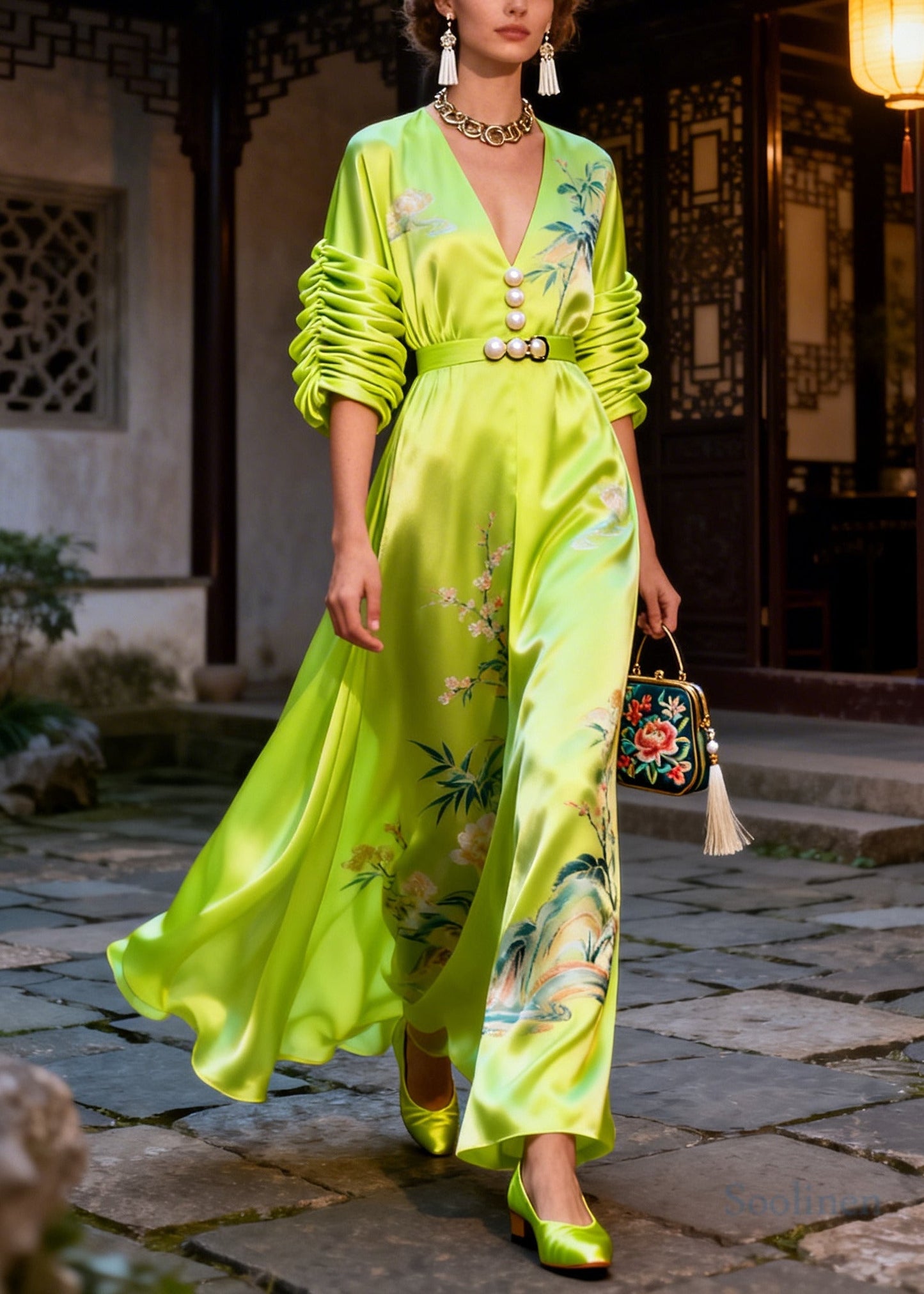 Style Fluorescent Green Print Nail Bead Silk Maxi Dresses Summer