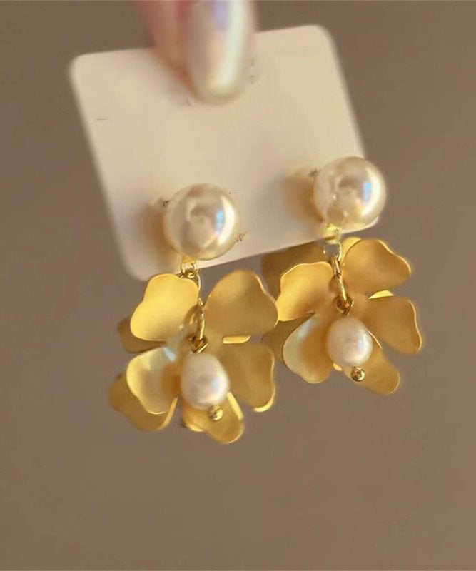 Style Gold Metal Overgild Pearl Floral Stud Earrings
