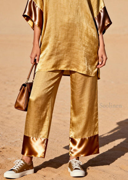 Style Gold V Neck Silk Patchwork Linen 2 Piece Outfit Summer