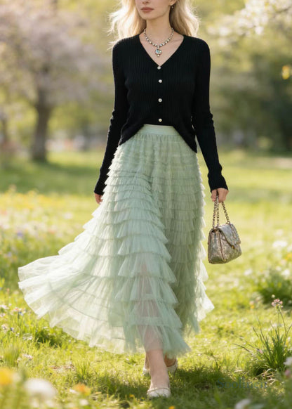Style Grass Green Multi-layer Tulle Holiday Skirt Spring