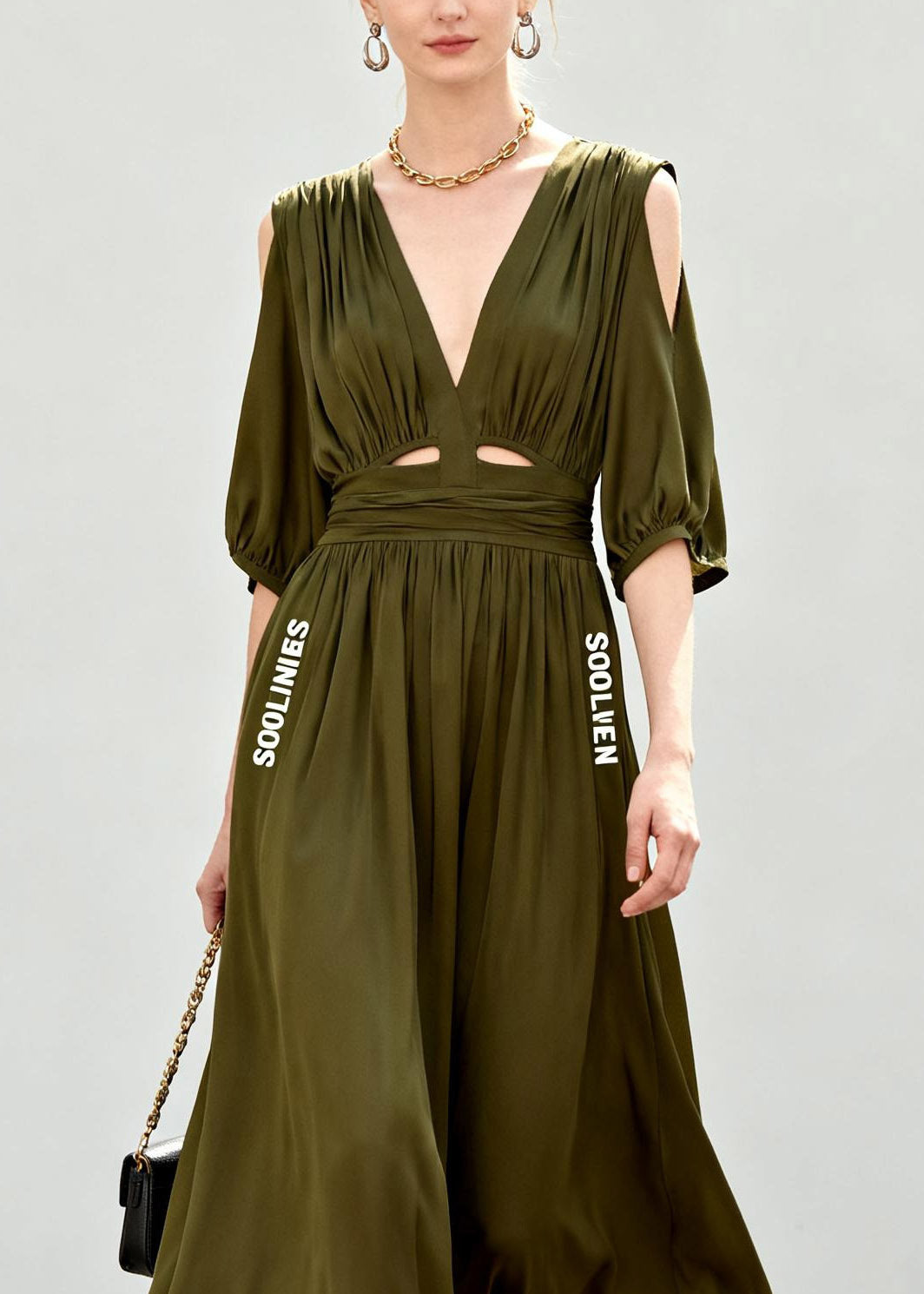 Style Green Cold Shoulder Wrinkled Chiffon Long Dress Short Sleeve