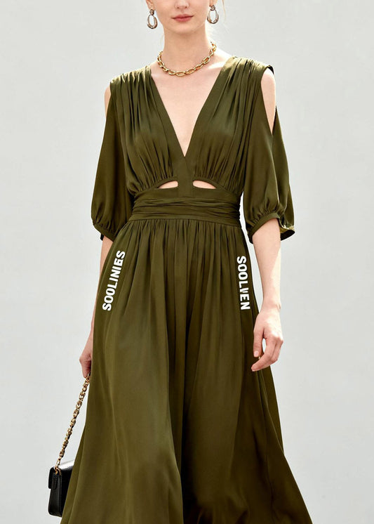 Style Green Cold Shoulder Wrinkled Chiffon Long Dress Short Sleeve