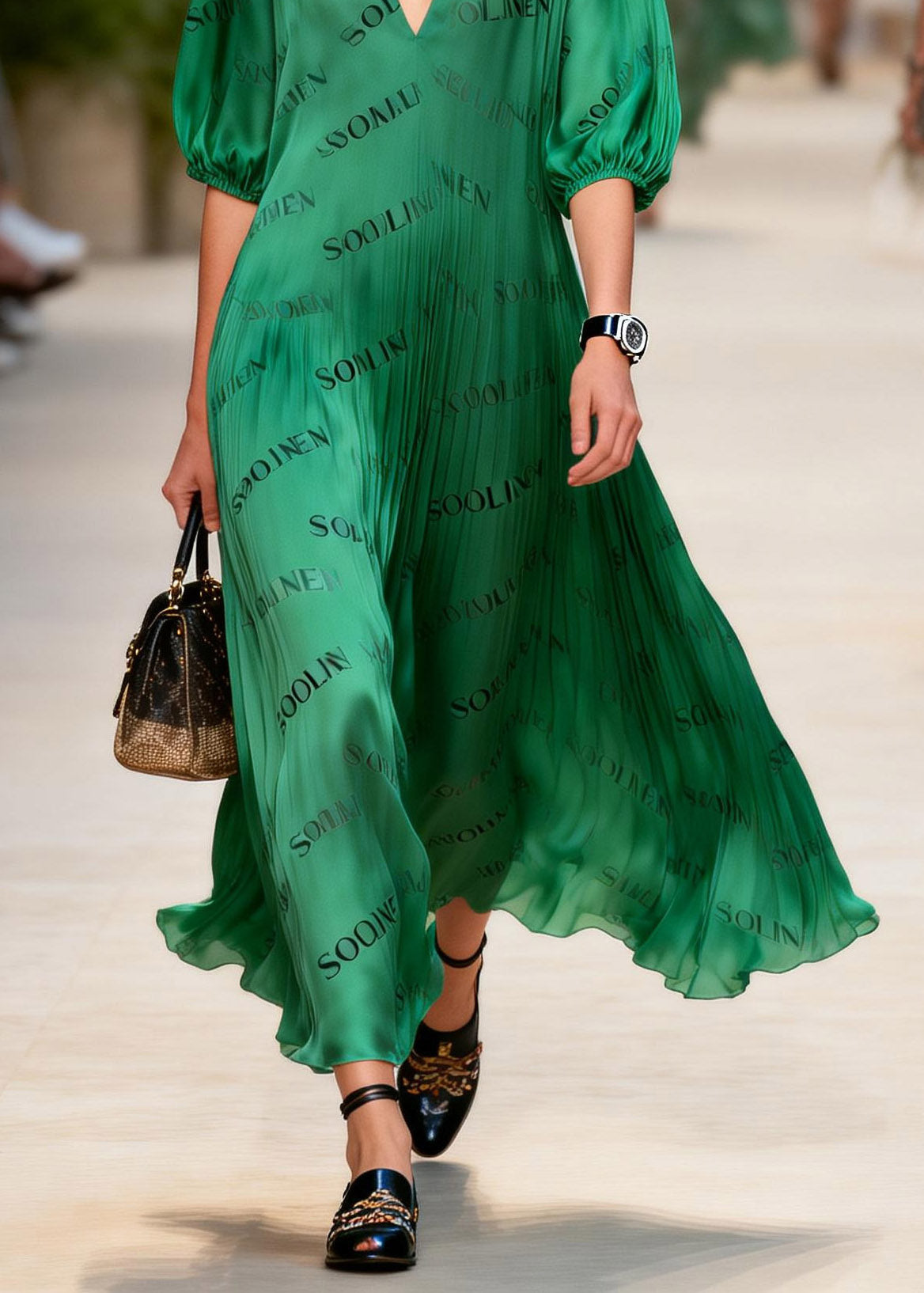 Style Green Graphic Maxi Dress Lanter Sleeve