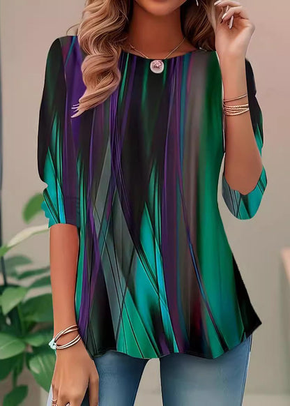 Style Green O Neck Print Loose Cotton Shirt Top Summer