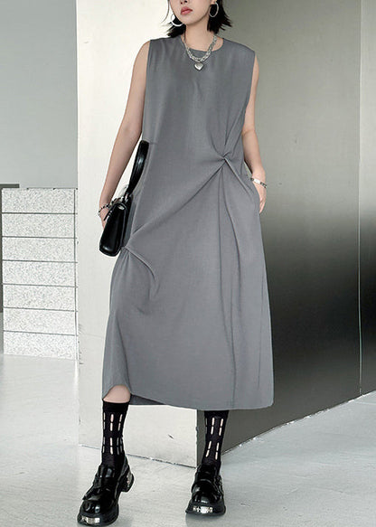 Style Grey O Neck Wrinkled Patchwork Cotton Long Dress Sleeveless