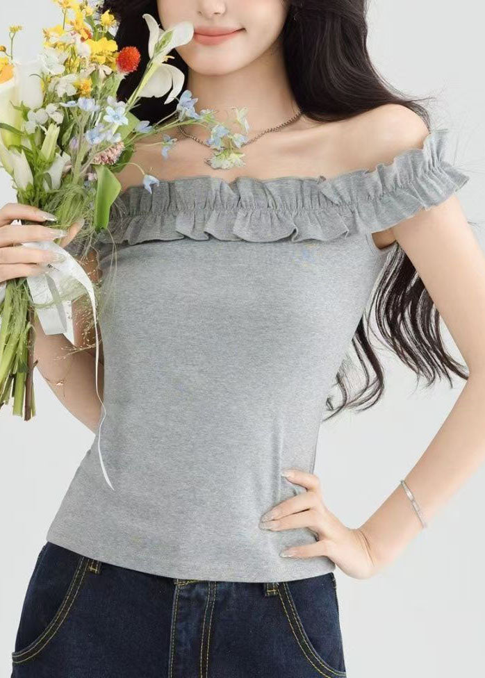 Style Grey Slash Neck Ruffled Short Sleeve Yoga Tops Women