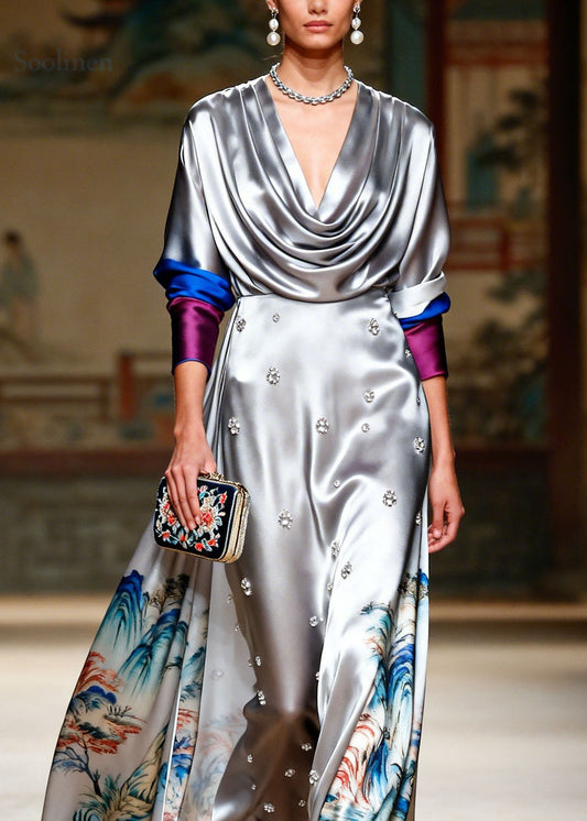 Style Grey Turtle Neck Print Zircon Silk Long Dresses
