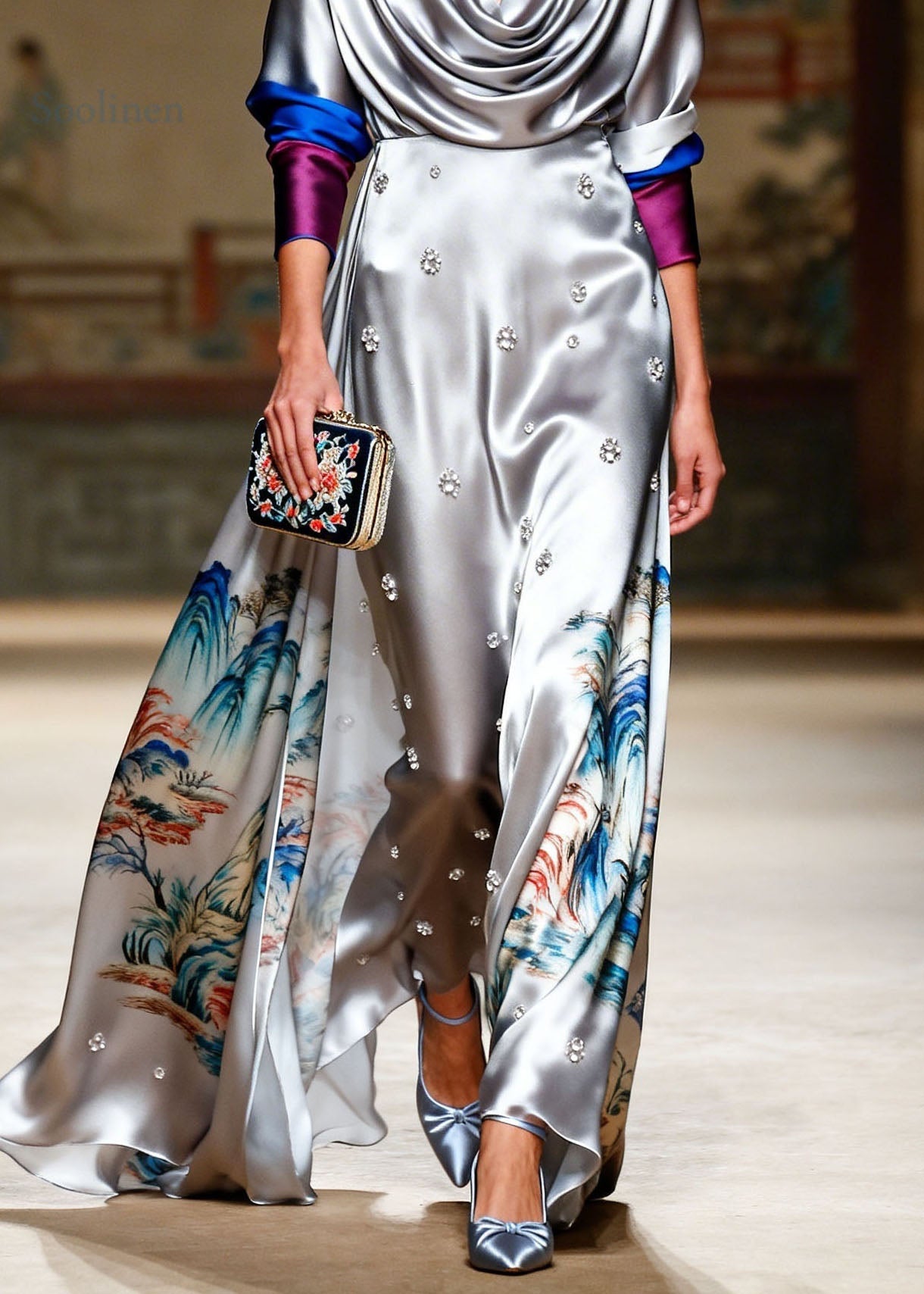 Style Grey Turtle Neck Print Zircon Silk Long Dresses