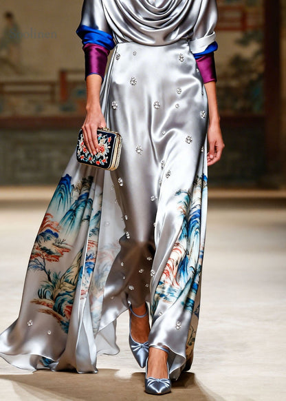 Style Grey Turtle Neck Print Zircon Silk Long Dresses