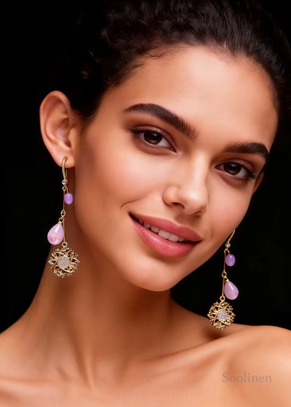 Style Lavender Water Droplet Beads Sunflower Drop Earrings