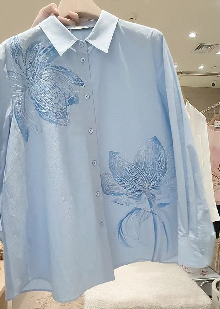Style Light Blue Embroidered Button Shirt Spring