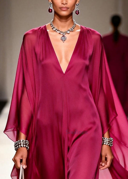 Style Mulberry V Neck Draping Chiffon Long Dresses Summer