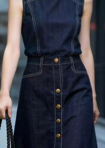 Style Navy High Waist Side Open Denim A Line Skirt Spring