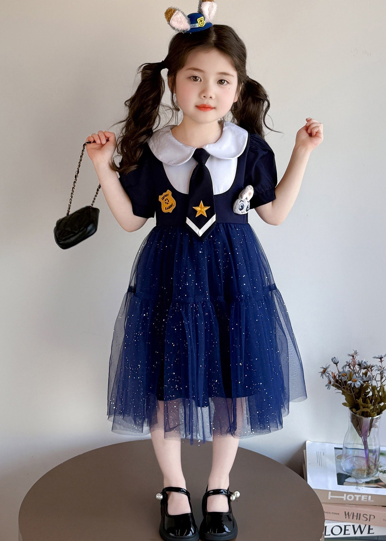 Style Navy Sequins Patchwork Tulle Kids Girls Dress Summer