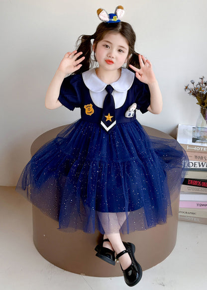 Style Navy Sequins Patchwork Tulle Kids Girls Dress Summer