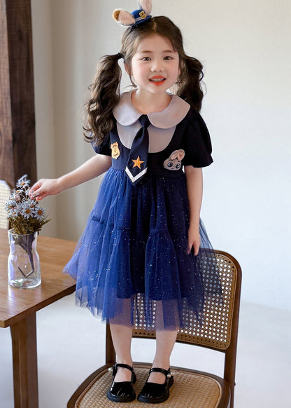 Style Navy Sequins Patchwork Tulle Kids Girls Dress Summer