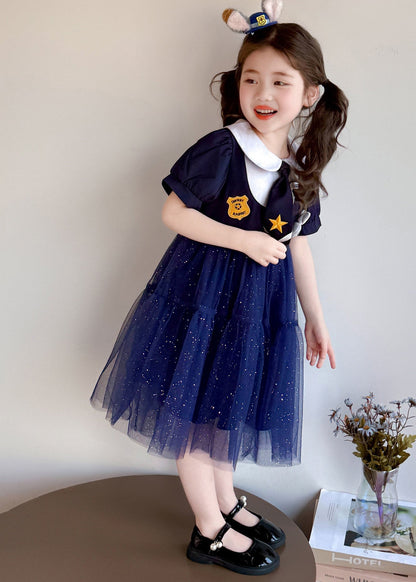 Style Navy Sequins Patchwork Tulle Kids Girls Dress Summer
