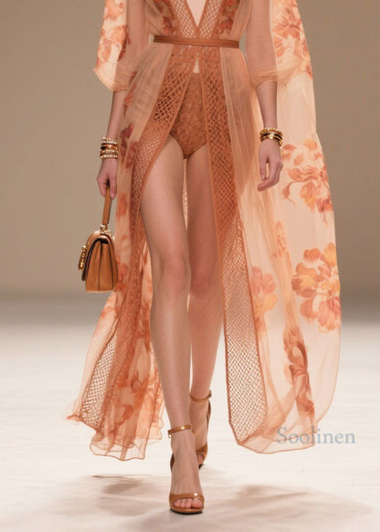 Style Orange V Neck Print Chiffon Sun Protection Cardigans Summer