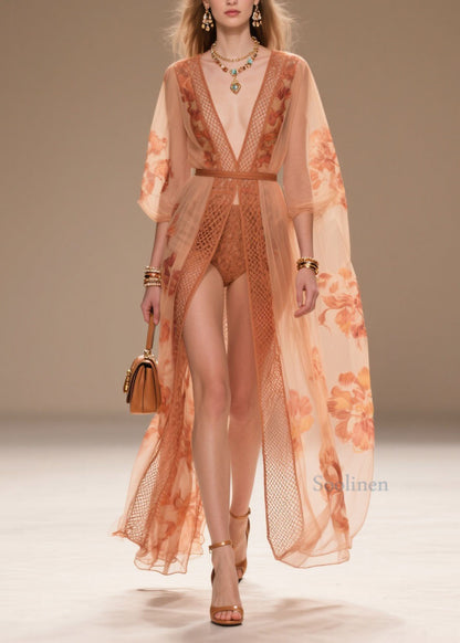 Style Orange V Neck Print Chiffon Sun Protection Cardigans Summer