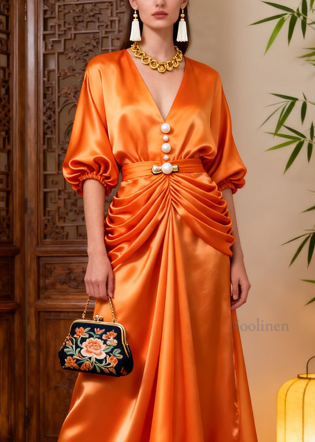 Style Orange V Neck Wrinkled Patchwork Silk Dress Summer