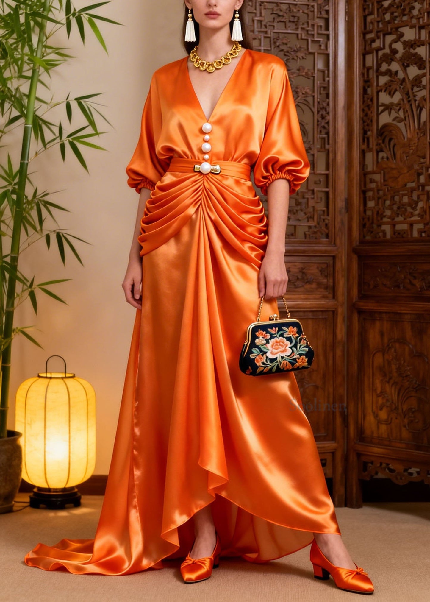 Style Orange V Neck Wrinkled Patchwork Silk Dress Summer