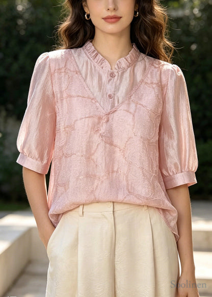 Style Pink Embroidered U Neck Silk Fake Two Piece Shirt Top Summer