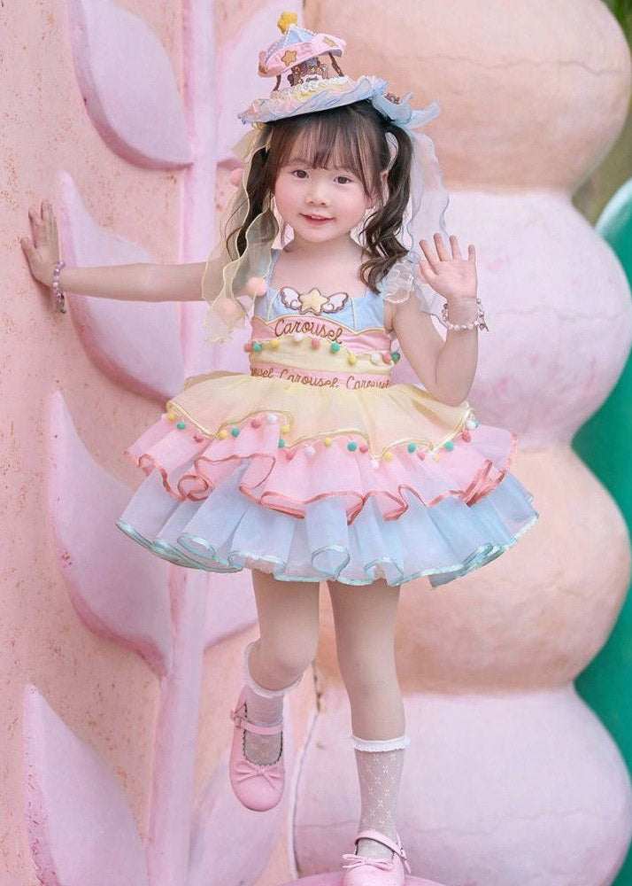 Style Rainbow Print Tassel Tulle Kids Mid Spaghetti Strap Dress Sleeveless