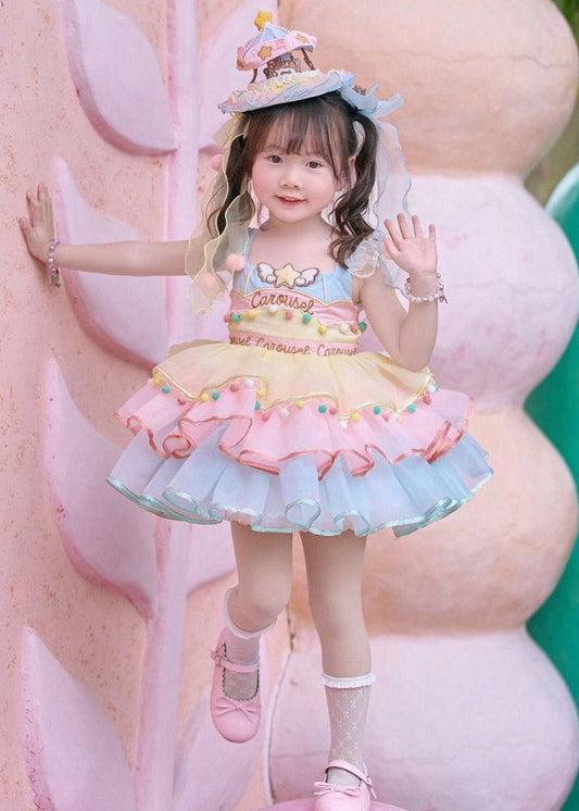 Style Rainbow Print Tassel Tulle Kids Mid Spaghetti Strap Dress Sleeveless