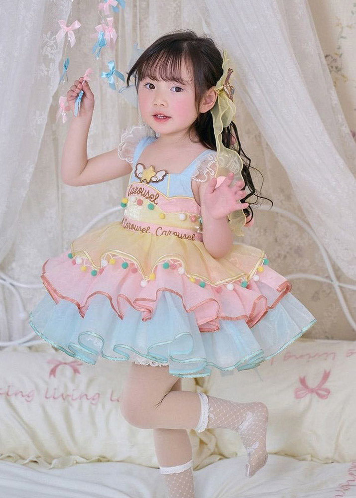 Style Rainbow Print Tassel Tulle Kids Mid Spaghetti Strap Dress Sleeveless