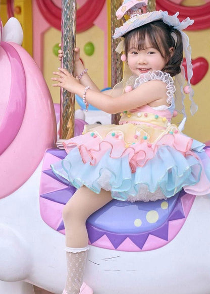 Style Rainbow Print Tassel Tulle Kids Mid Spaghetti Strap Dress Sleeveless