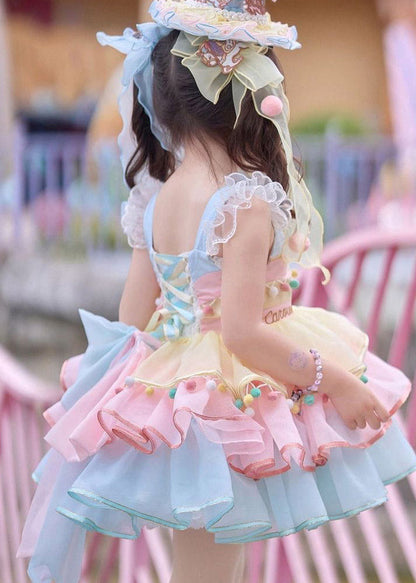 Style Rainbow Print Tassel Tulle Kids Mid Spaghetti Strap Dress Sleeveless