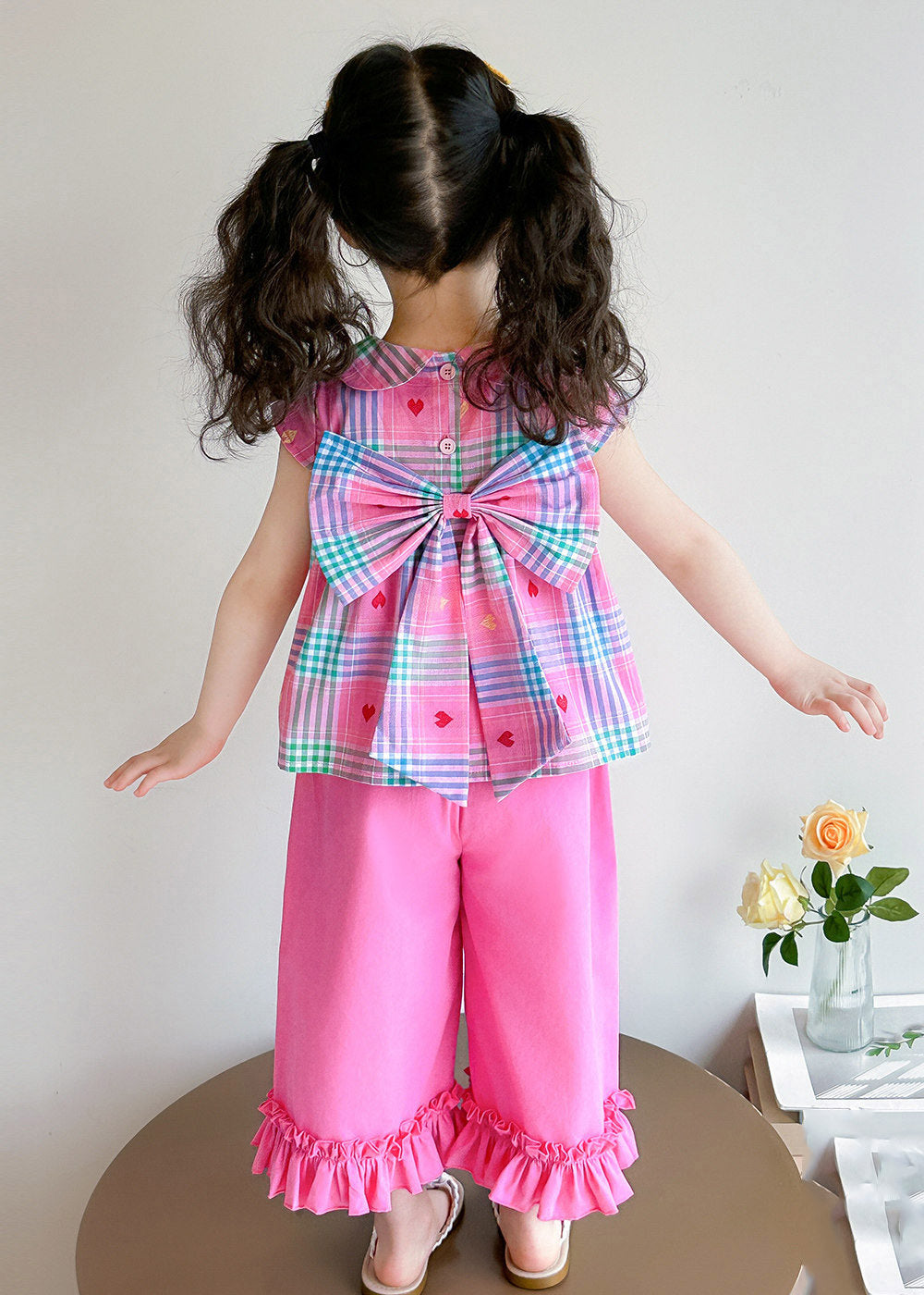 Style Rose Peter Pan Collar Striped Ruffled Girls Top And Wide Leg Pants Two Pieces Set Summer