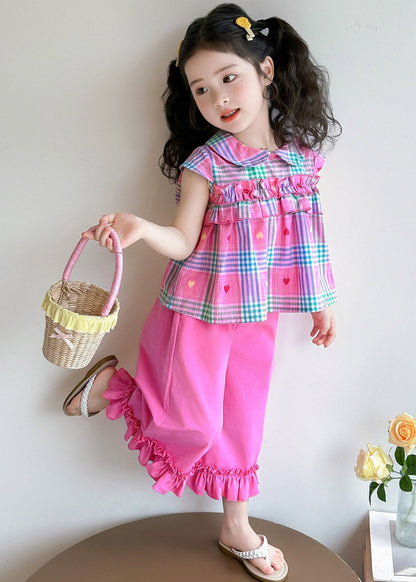 Style Rose Peter Pan Collar Striped Ruffled Girls Top And Wide Leg Pants Two Pieces Set Summer