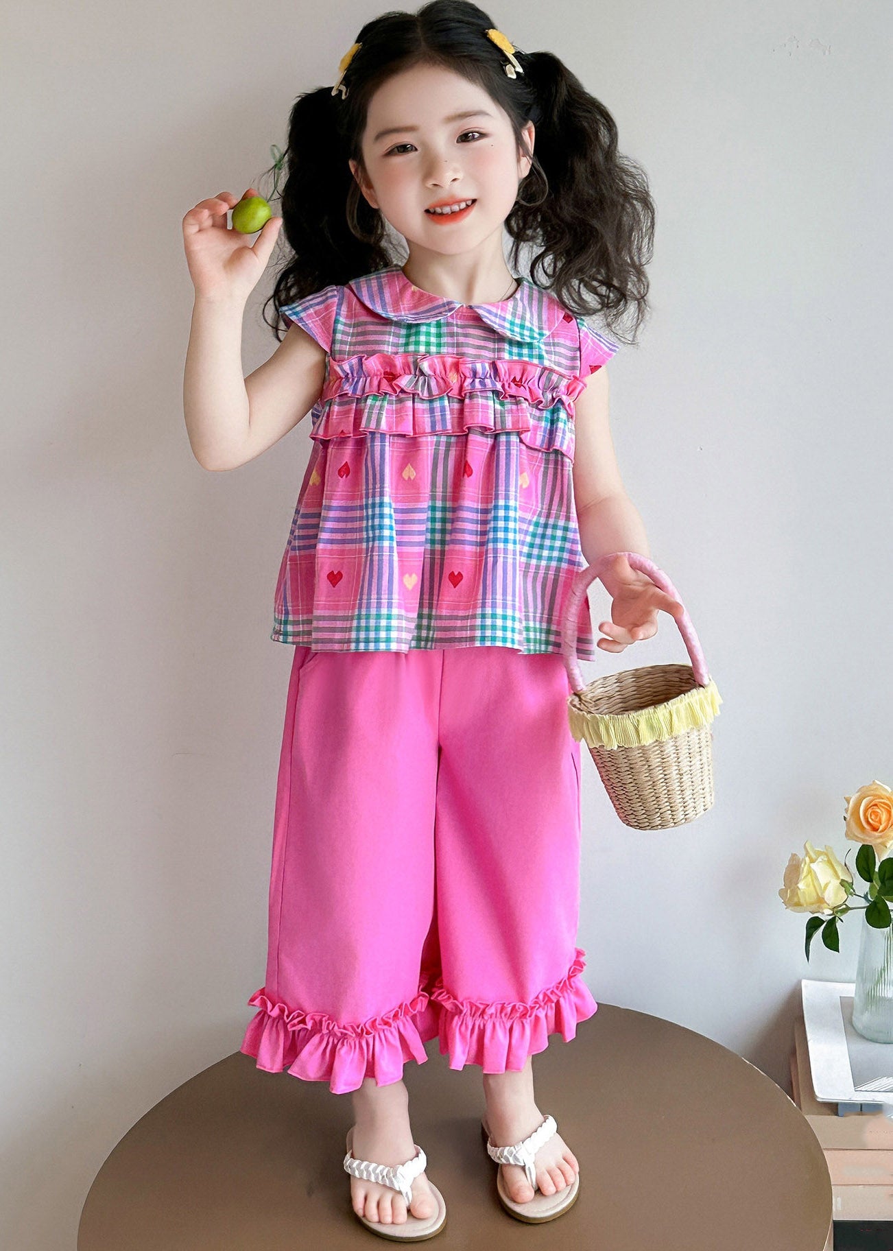 Style Rose Peter Pan Collar Striped Ruffled Girls Top And Wide Leg Pants Two Pieces Set Summer