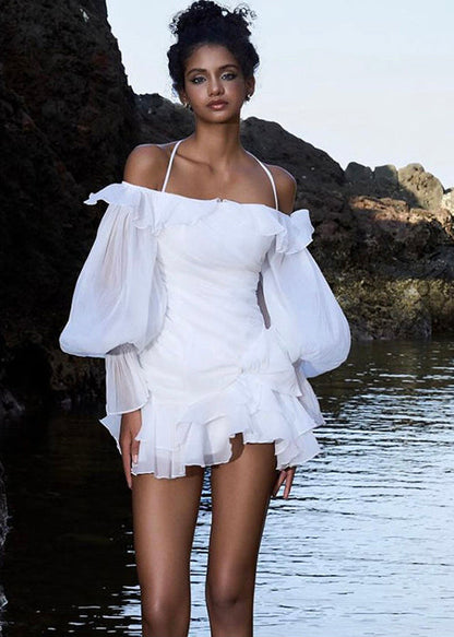 Style White Cold Shoulder Ruffles Chiffon Mini Dresses Lantern Sleeve