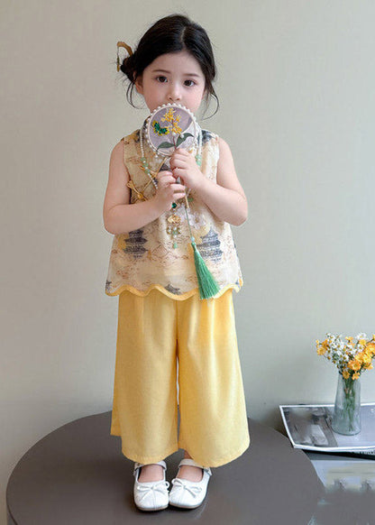 Style Yellow Stand Collar Print Girls Top And Wide Leg Pants Two Pieces Set Sleeveless