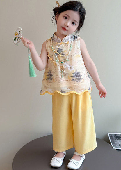 Style Yellow Stand Collar Print Girls Top And Wide Leg Pants Two Pieces Set Sleeveless
